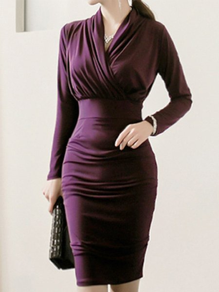 Elegant Long Sleeve Regular Fit V Neck Solid Mini Dress, Purple, Midi Dresses