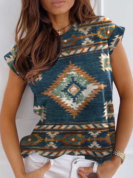 Geometric Casual Round Neck Shirts & Tops, Blue, T-Shirts
