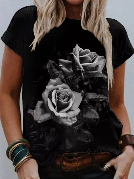 Casual Cotton Blends Loosen Shirts & Tops, Black, T-Shirts