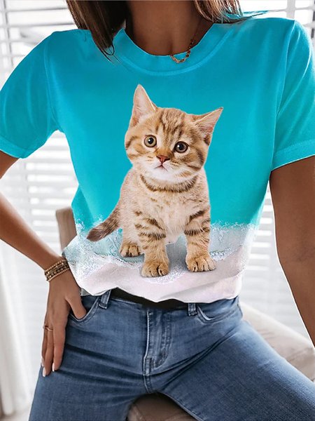 

Share Photo by LightInTheBox Women's 3D Cat Painting T shirt Cat Color Block 3D Print Round Neck Basic Tops Blue, T-Shirts
