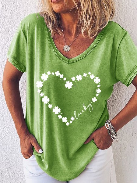 Lucky St. Patty's Day Loosen Boho Short sleeve tops, Green, T-shirts