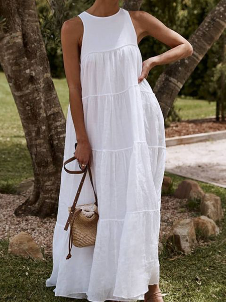 Solid Casual Cotton Dresses, White, Maxi Dresses