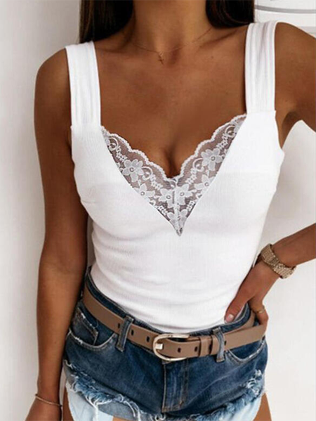 Lace Plain Casual V Neck Vests, White, Tank Top