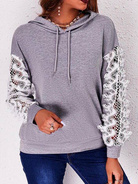 Loosen Cotton Blends Solid Sweatshirt Lace Hooded, Gray, Sweatshirts & Hoodies