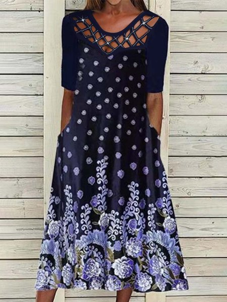 Half Sleeve Floral Hollow Out V Neck Plus Size Casual Dresses, Deep blue, Midi Dresses