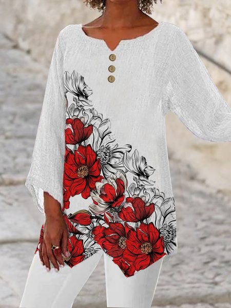 Red Floral Cotton Linen Irregular Hem Top Loosen Casual Shirts & Tops, White, Long sleeve tops
Red Floral Cotton Linen Irregular Hem Top Loosen Casual Shirts & Tops, White, Long sleeve tops