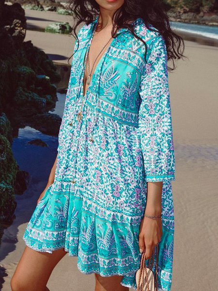 Loosen V Neck Tribal Dresses, Blue, Mini Dresses