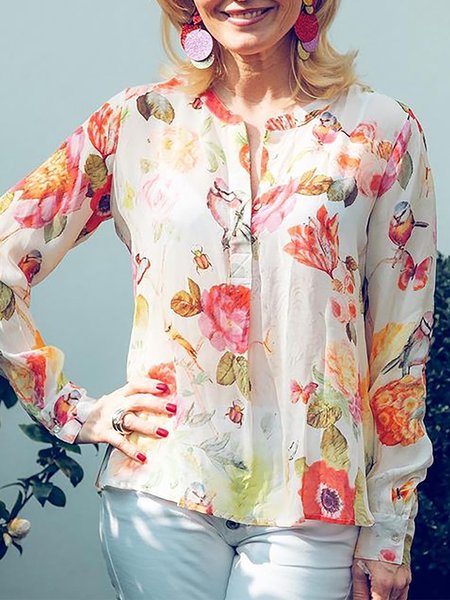 Floral Printed Loosen Long Sleeves V Neck Spring Shirts & Tops, As picture, Blouses & Shirts