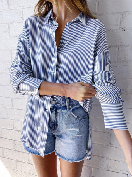 Casual Shirt Collar Striped Shirts & Tops, Blue, Blouses & Shirts
