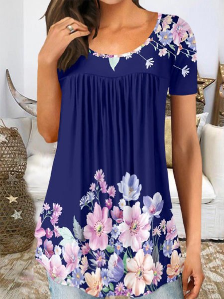 Floral Printed Casual Loosen Round Neck Shirts & Tops, Blue, T-Shirts