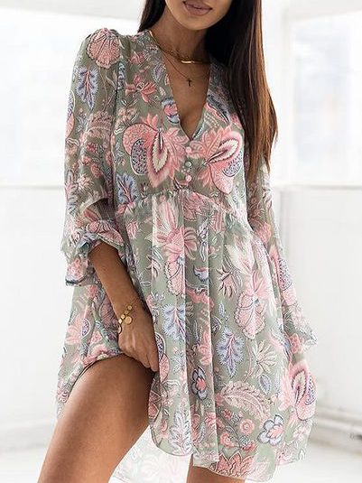 Boho Floral Loosen Dresses, As picture, Mini Dresses