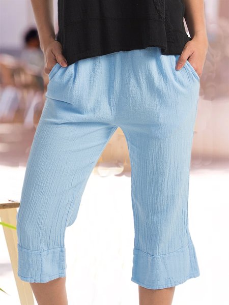 Holiday Casual Elastic waist Casual Solid Cropped Pants, Blue, Shorts
