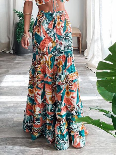 Floral Print Boho Loosen Vacation Skirts, Red, Skirts