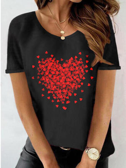 JFN Round Neck Heart Casual T-Shirt/Tee, Black, T-Shirts