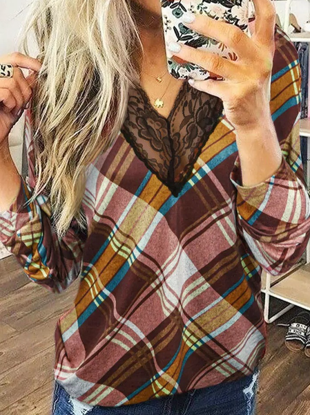 Checked/Plaid V Neck Shirts & Tops, Coffee, Long sleeve tops
