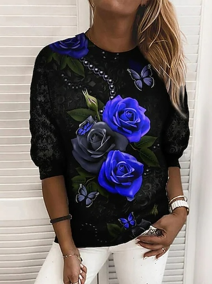 Floral Crew Neck Casual Loosen Sweatshirt, Black, Sweatshirts & Hoodies