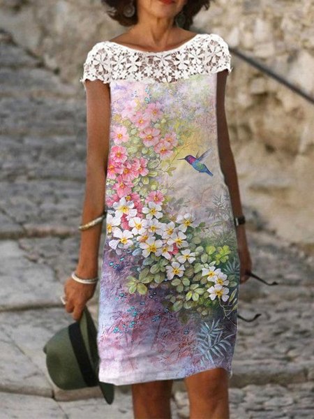 Casual Floral Printed Lace Round Neck Dresses, As picture, Mini Dresses