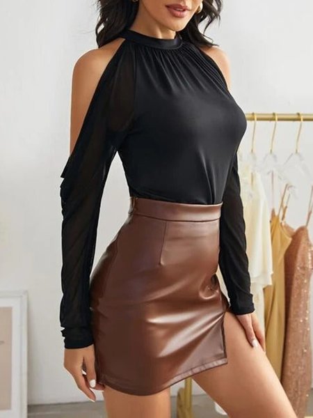 Simple Regular Fit Solid Long sleeve Top, Black, Tops