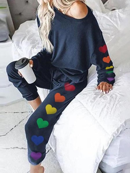 Heart Cotton Blends Suits, Blue, Two-piece Outfits