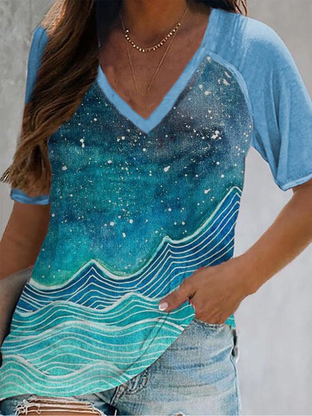 Cotton Blends V Neck Shirts & Tops, Blue, Tops