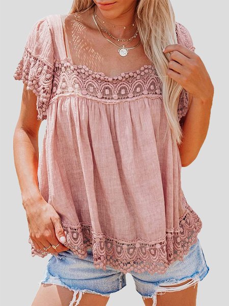 Boho Ruched Square Neck Lace Shirts & Tops, Pink, T-Shirts