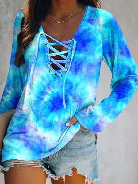 Tie Dye V Neck Loosen Casual Lace-up Long Sleeve T-shirt, Blue, T-Shirts