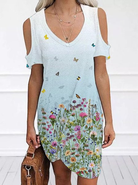 Casual V Neck Loosen Dresses, Blue, Mini Dresses
