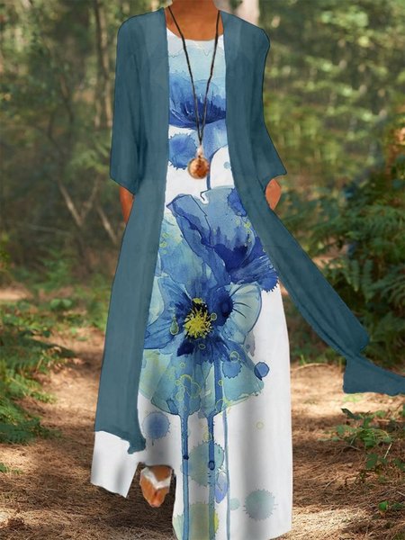 Long Sleeves Floral Crew Neck Plus Size Casual Dress With Coat, White-blue, Maxi Dresses