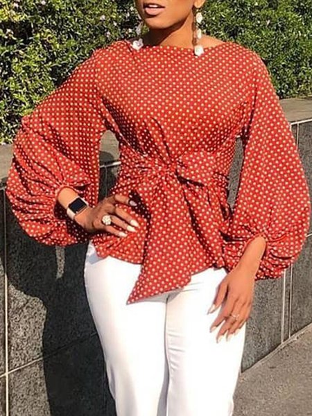 Casual Slim Fit Crew Neck Lace-up Polka Dots Top, Orange red, Blouses and Shirts
Casual Slim Fit Crew Neck Lace-up Polka Dots Top, Orange red, Blouses and Shirts