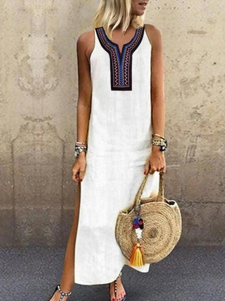 Embroidered Geometric Boho Dresses Plus Size, White, Boho dresses