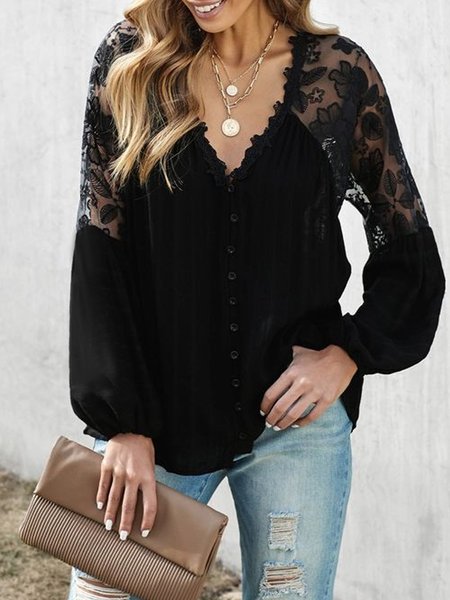 Lace Patchwork Design New Designer Comfort Top, Black, Long sleeve tops