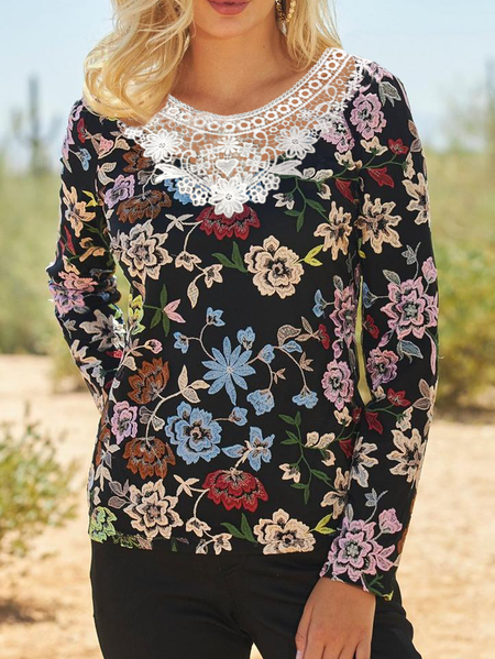 Colorful Floral Lace Neck Vintage T-Shirt Loosen Shirts & Tops, Multicolor, Long sleeve tops
Colorful Floral Lace Neck Vintage T-Shirt Loosen Shirts & Tops, Multicolor, Long sleeve tops