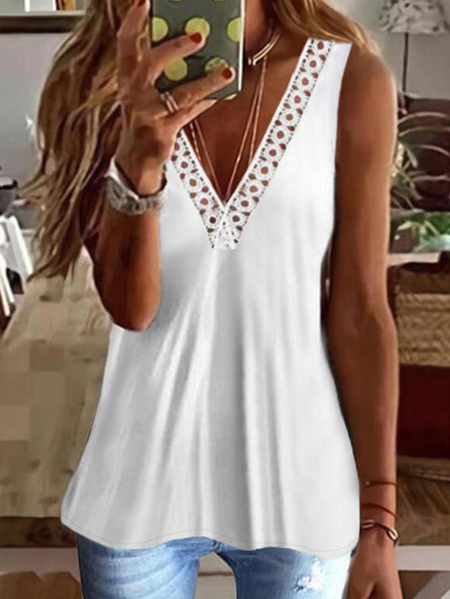 

JFN V Neck Lace Patchwork Tank Top, White, Tanks & Camis