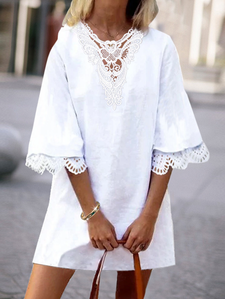 Solid Color Lace Ruffle V-neck Half Sleeve V-neck Casual Dress For Women Vacation Flare Sleeve Cotton V Neck Dresses, White, Mini Dresses
Solid Color Lace Ruffle V-neck Half Sleeve V-neck Casual Dress For Women Vacation Flare Sleeve Cotton V Neck Dresses, White, Mini Dresses