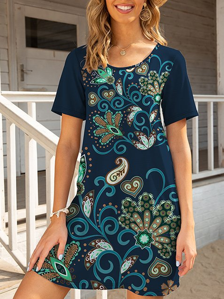 Blue & Green Floral Short-Sleeve Shift Dress Vacation Regular Fit Dresses, Dark blue, Dresses
Blue & Green Floral Short-Sleeve Shift Dress Vacation Regular Fit Dresses, Dark blue, Dresses
