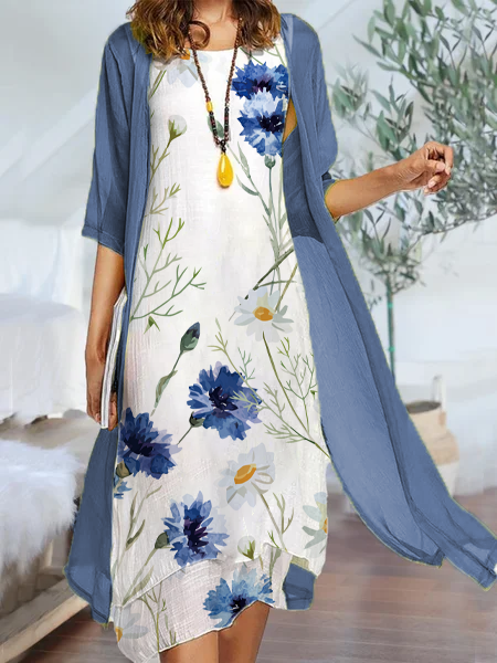 Two Piece Casual Vacation Floral Regular Fit Cotton Blends Sleeveless Maxi Dress, White, Dresses