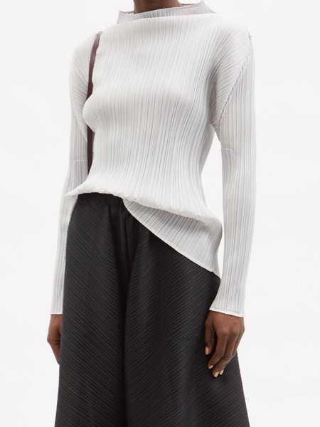 Regular Fit Long Sleeve Simple Plain Top, White, Tops