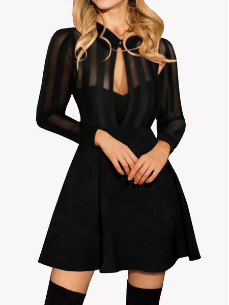 High Neck Regular Fit Black Mesh Dress, Mini Dresses