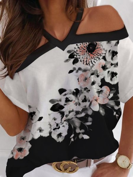 Cotton Blends Loosen Casual Shirts & Tops, Black-white, T-Shirts