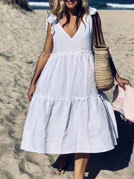Plus Size Casual Solid V neck Sleeveless Midi Short sleeve Woven Dress, White, Dresses