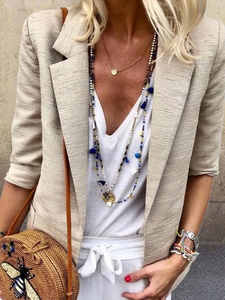 Pockets Solid Linen Outerwear Plus Size, Khaki, Jackets