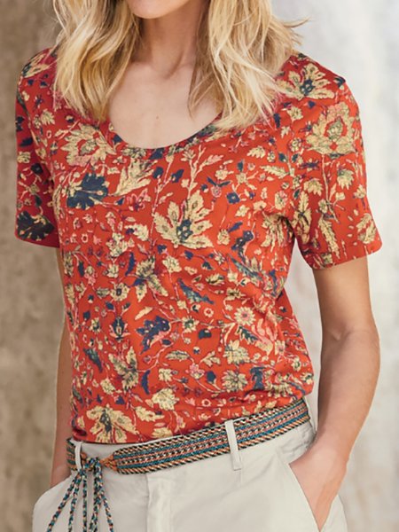 Casual Floral Short Sleeves T-shirt Shirts & Tops, Orange red, T-Shirts