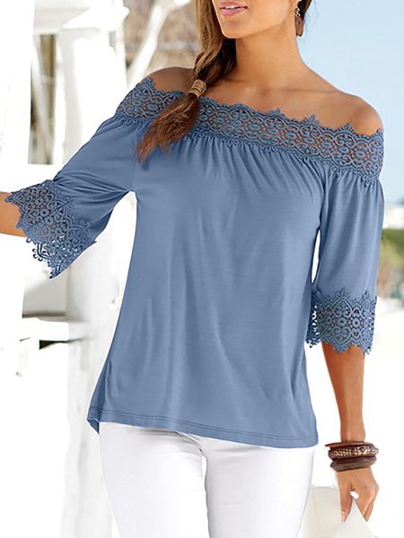 Cotton Blends Lace Casual Half Sleeves Boat Neck Shirts & Tops, Blue, T-Shirts 
Cotton Blends Lace Casual Half Sleeves Boat Neck Shirts & Tops, Blue, T-Shirts