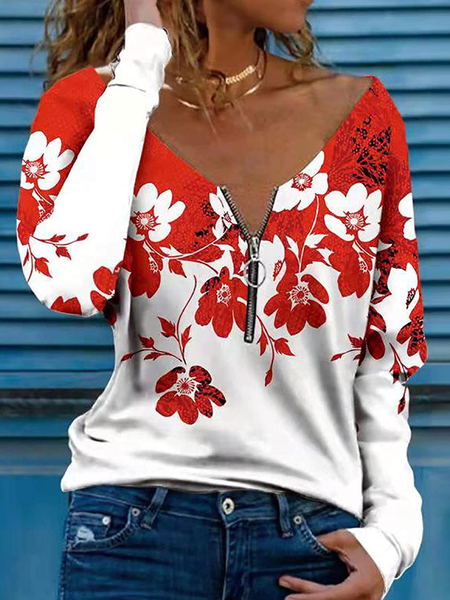 Red Floral Top Vacation Floral Shirts & Tops, Long sleeve tops