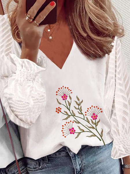 Loosen V Neck Lace Romantic Floral Shirts & Tops, White, Tops