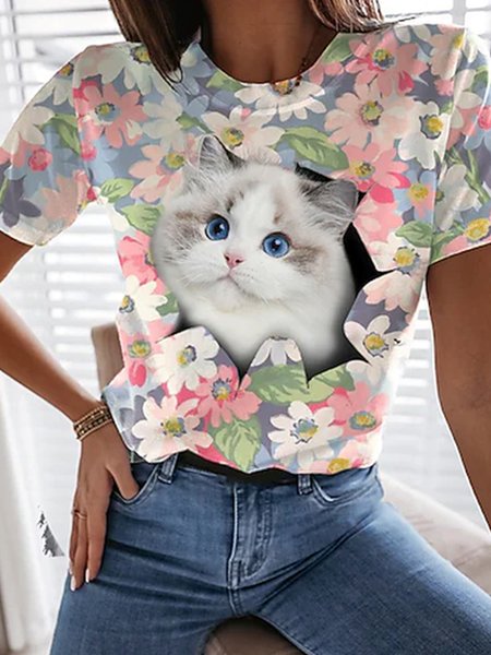 Cute Rabbit Pattern Crew Neck Shirts & Tops, White, T-Shirts