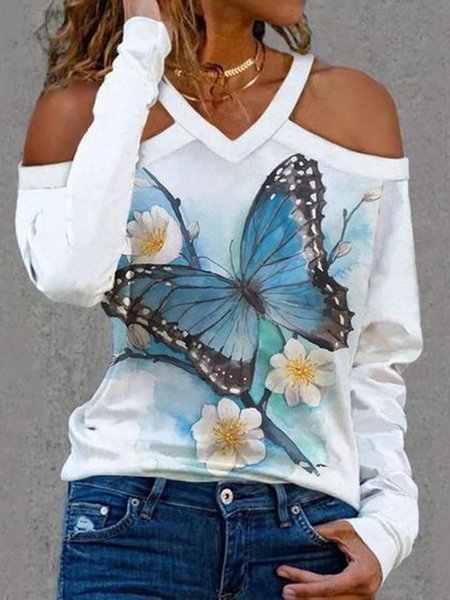 Casual Butterfly Floral Printed Off The Shoulder Loosen Long Sleeve Shirts & Tops, White, T-Shirts
Casual Butterfly Floral Printed Off The Shoulder Loosen Long Sleeve Shirts & Tops, White, T-Shirts