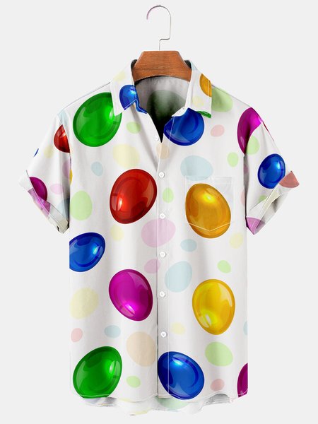 Men's Easter Egg Casual Print Style Loose Short Sleeve Shirt, White, Men's Floral shirt