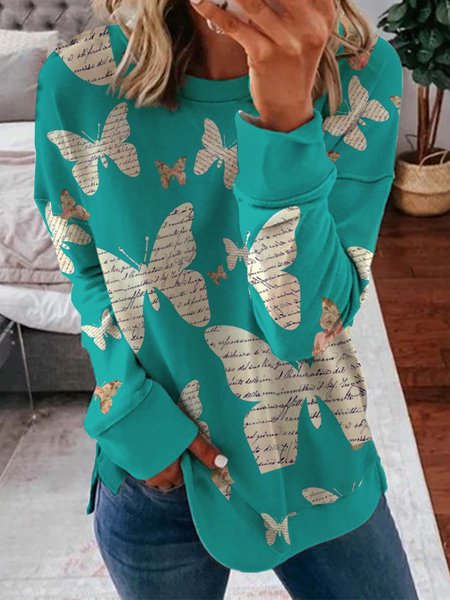 Cotton Blends Loosen Butterfly Sweatshirt, Green, Hoodies & Sweatshirts