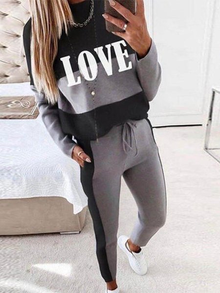 Casual Letter Cotton Blends Suits, Gray, Two-piece Outfits
